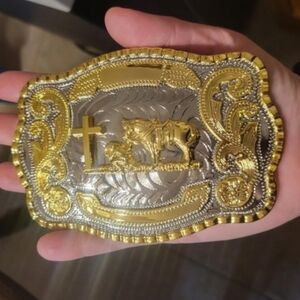New Large 5.9" cowboy kneeling at cross with horse Belt buckle